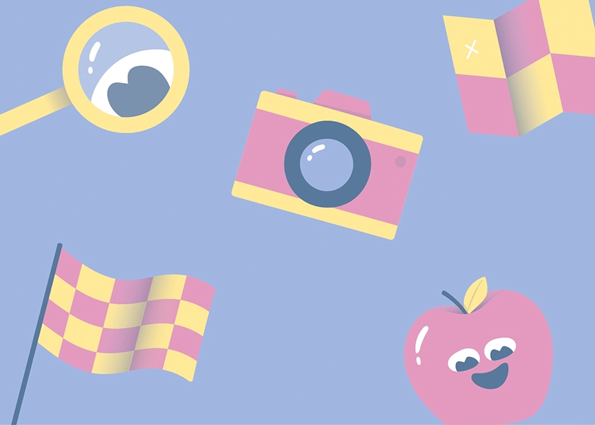Illustration drapeau, loupe, appareil photo, pomme...